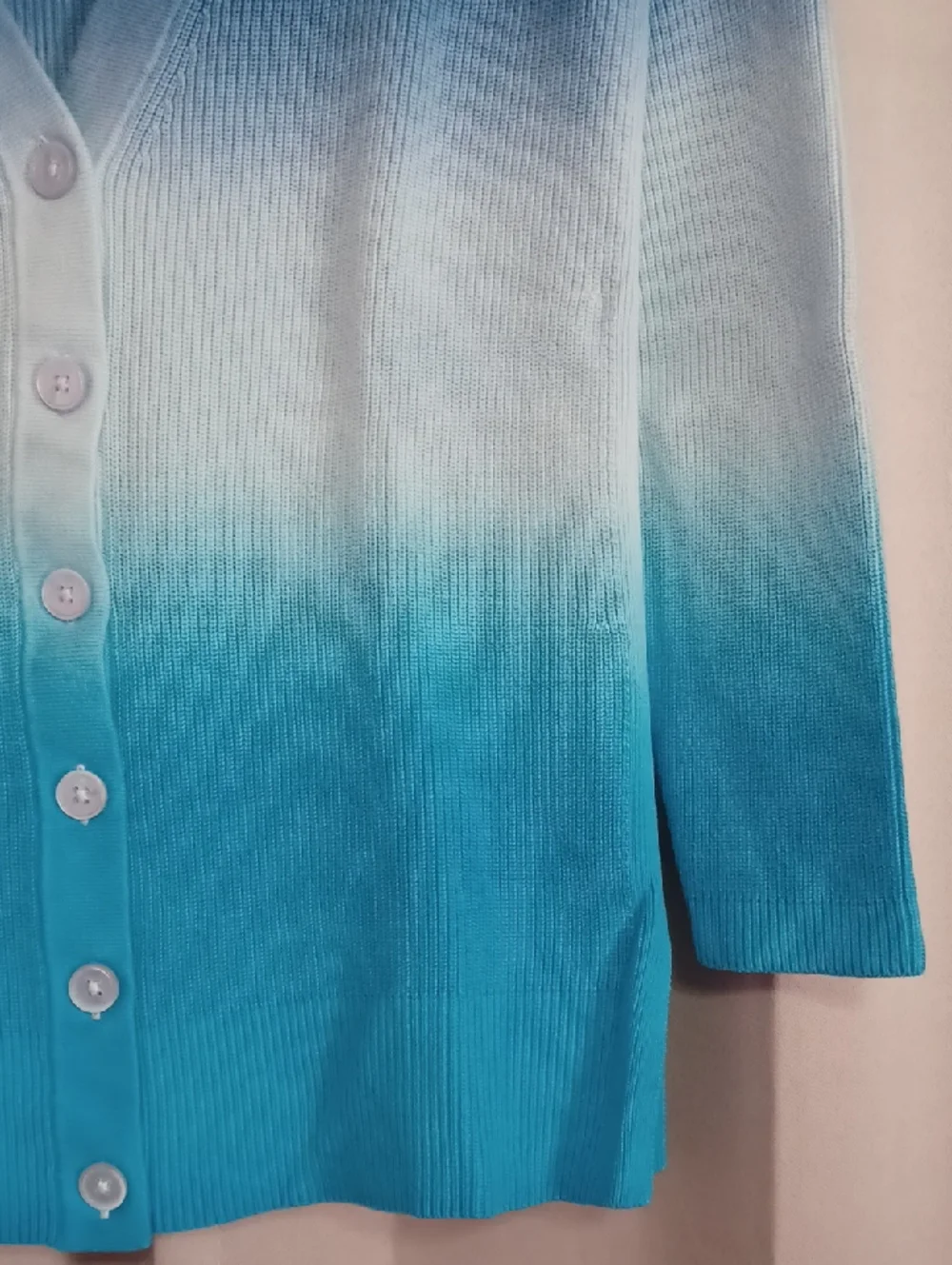 Talbots Blue Ombre Dip-Dye Girlfriend Ribbed Cardigan V-Neck Button Front XS